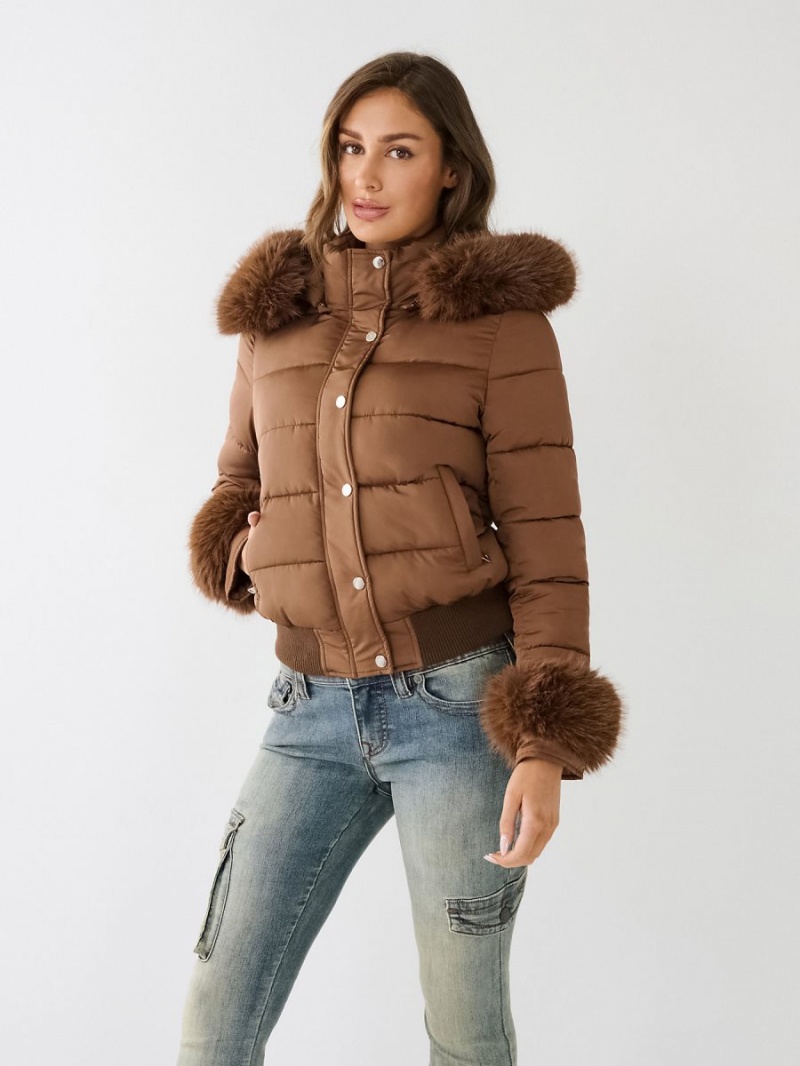 Chaqueta True Religion Faux Fur Trim Puffer Marrones Oscuro | 51SHCYBUZ