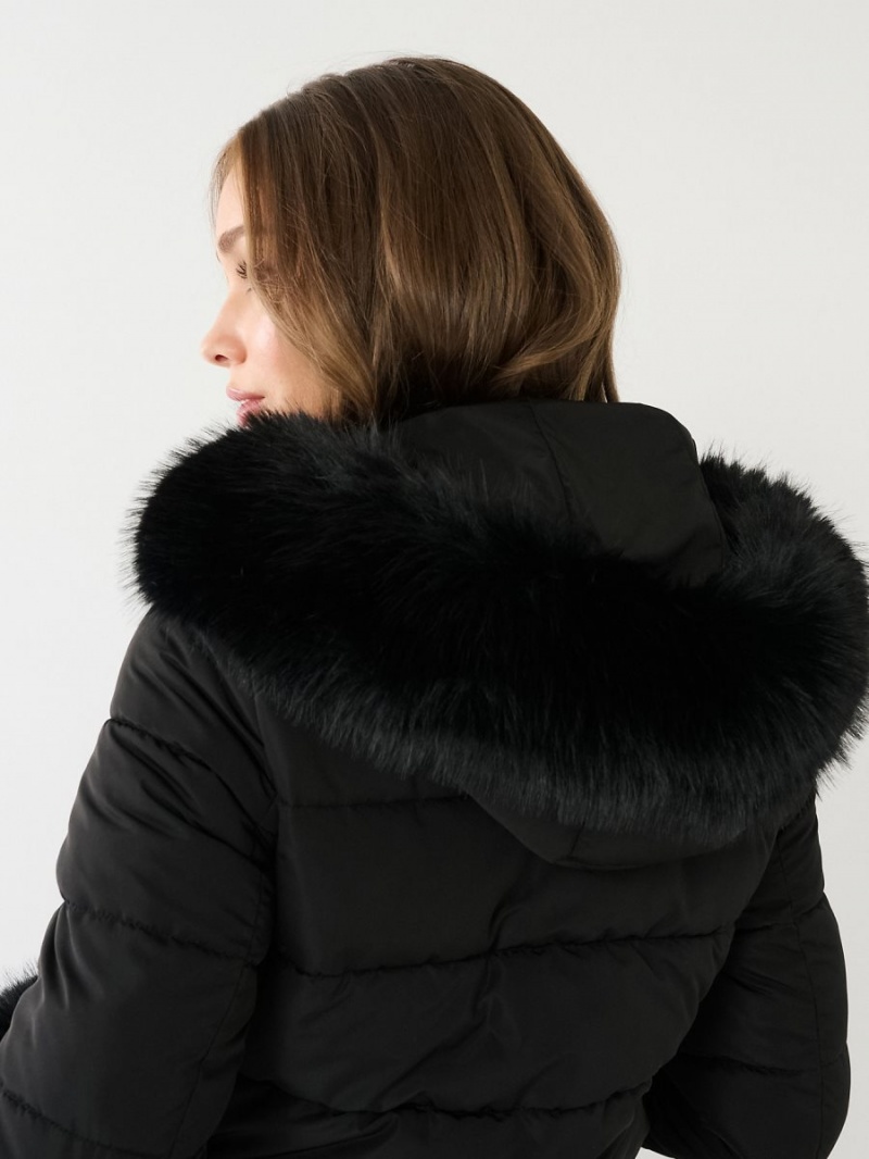 Chaqueta True Religion Faux Fur Trim Puffer Negras | 24TJGBKHE