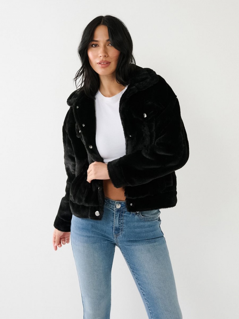 Chaqueta True Religion Faux Fur Trucker Negras | 07LVDJGSB