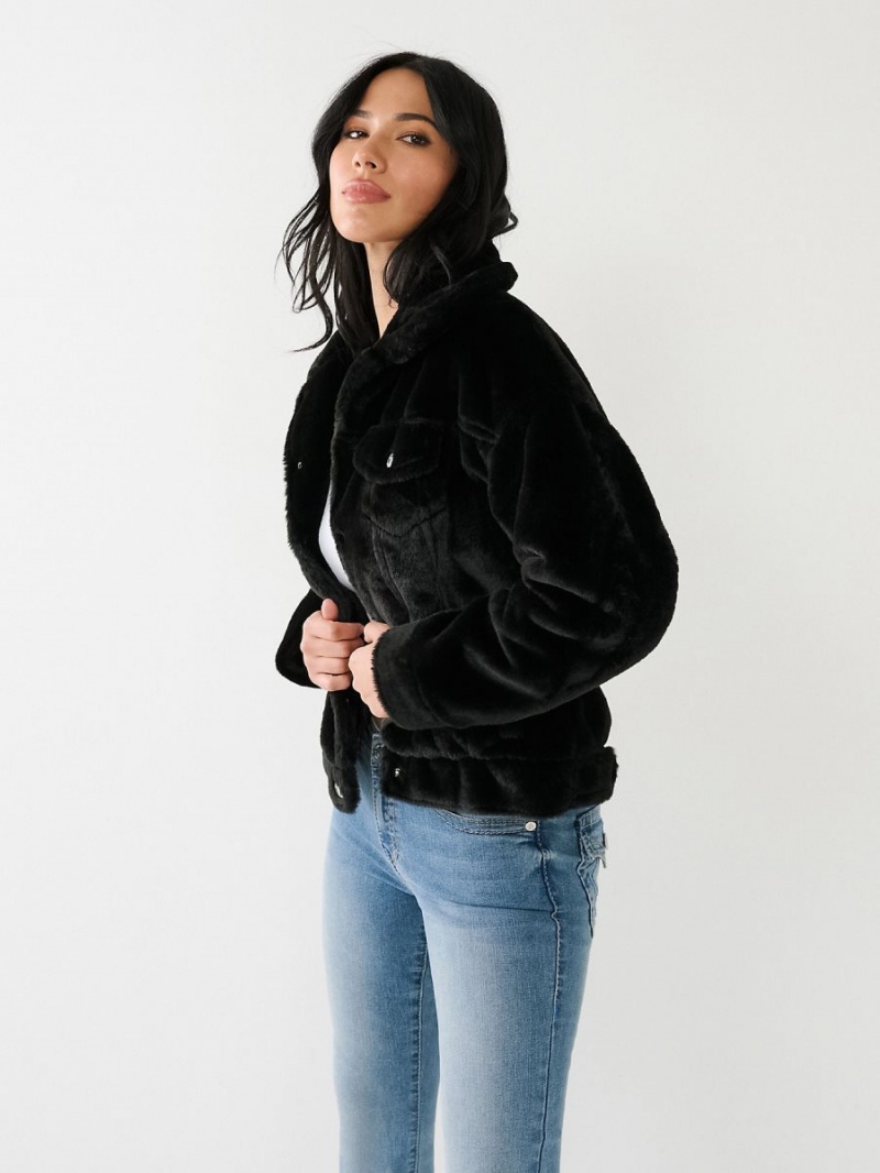 Chaqueta True Religion Faux Fur Trucker Negras | 07LVDJGSB