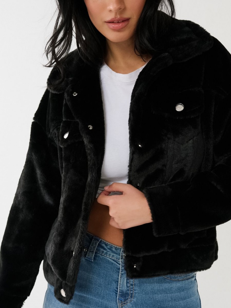 Chaqueta True Religion Faux Fur Trucker Negras | 07LVDJGSB