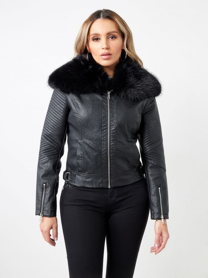 Chaqueta True Religion Fur Trim Faux Cuero Moto Negras | 51MPQALDB