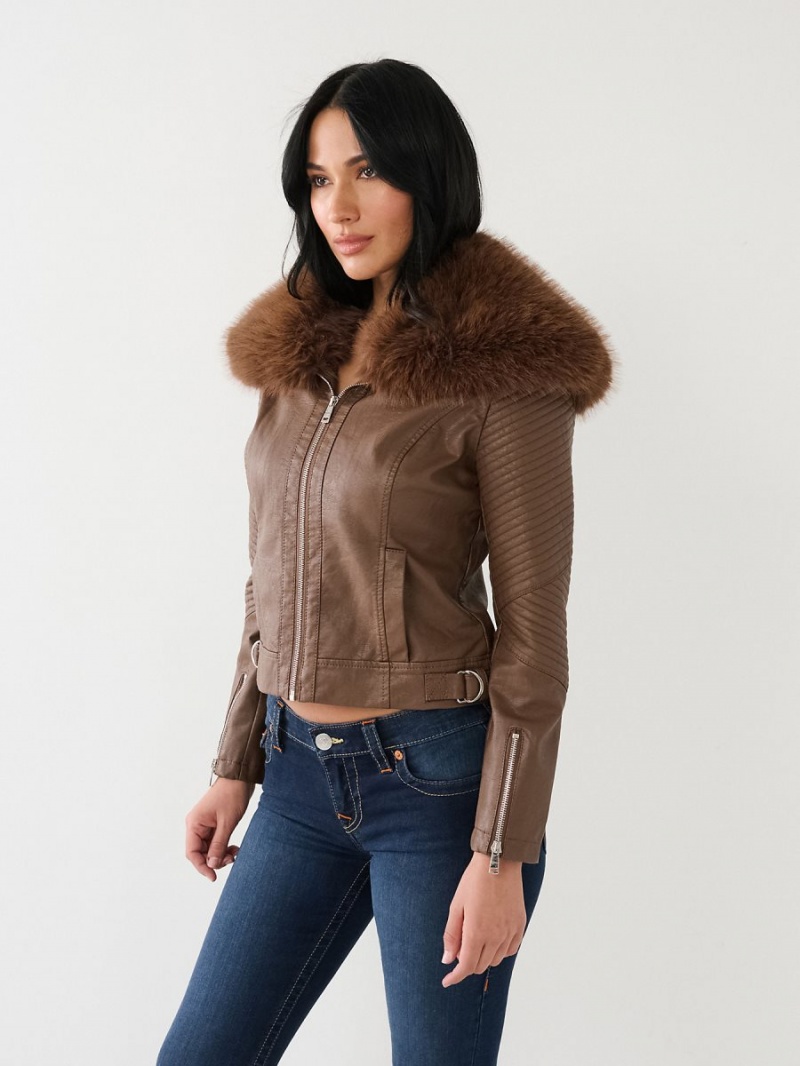 Chaqueta True Religion Fur Trim Faux Cuero Moto Marrones Oscuro | 98YUREWGP