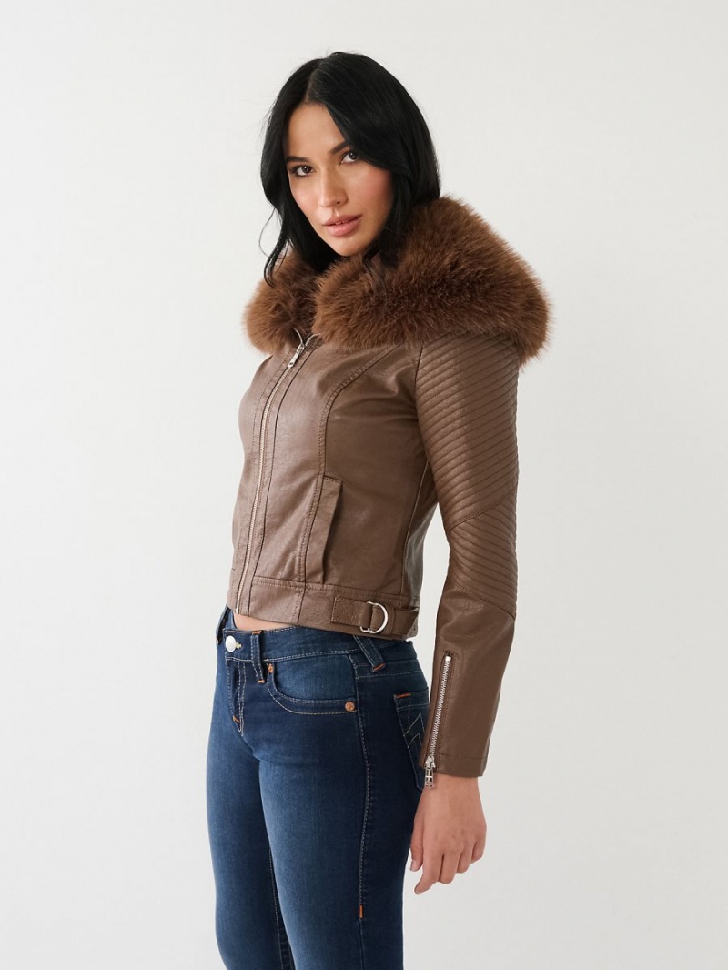 Chaqueta True Religion Fur Trim Faux Cuero Moto Marrones Oscuro | 98YUREWGP