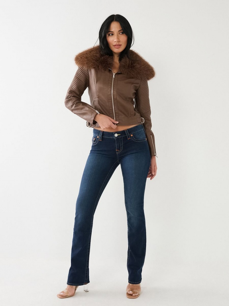 Chaqueta True Religion Fur Trim Faux Cuero Moto Marrones Oscuro | 98YUREWGP