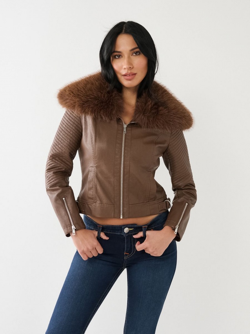 Chaqueta True Religion Fur Trim Faux Cuero Moto Marrones Oscuro | 98YUREWGP