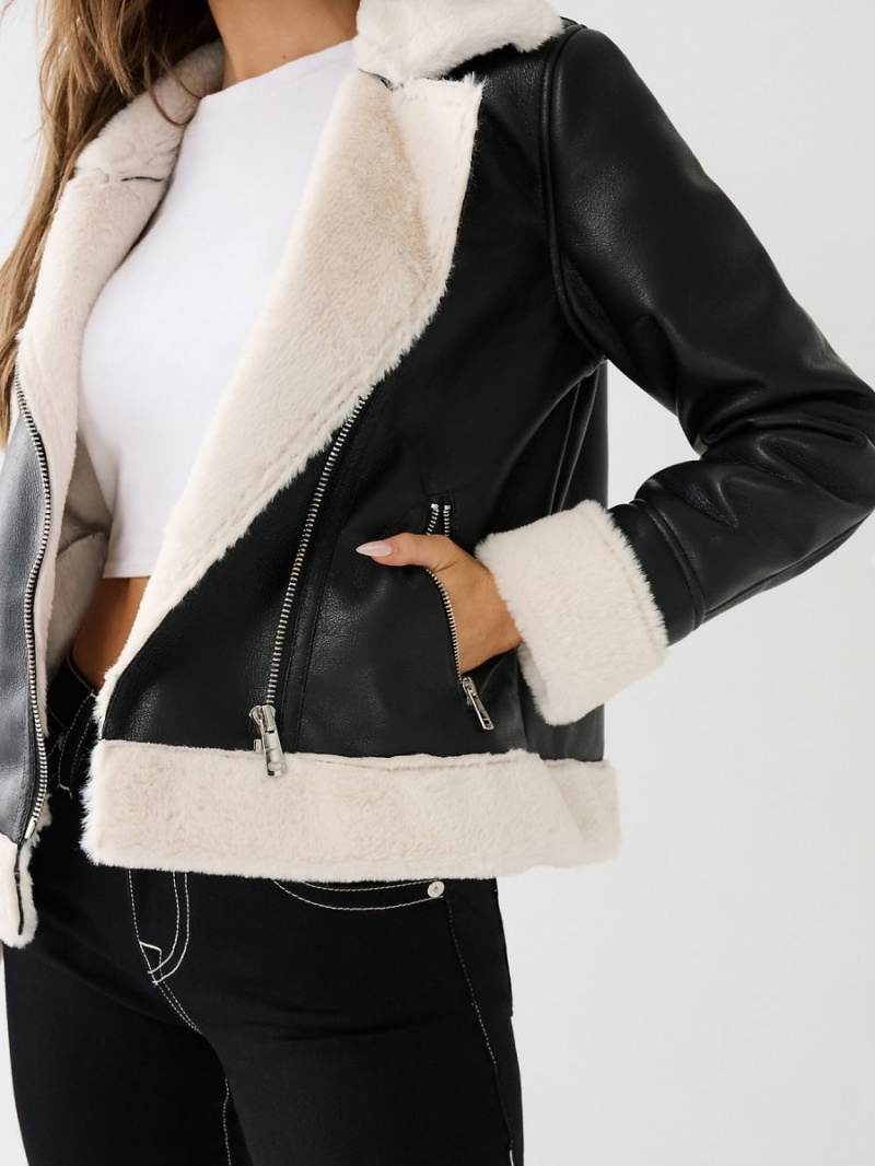 Chaqueta True Religion Shearling Faux Cuero Black/White | 36SFUJBCV