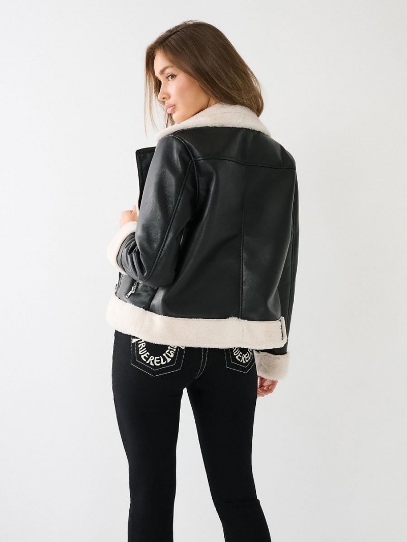 Chaqueta True Religion Shearling Faux Cuero Black/White | 36SFUJBCV