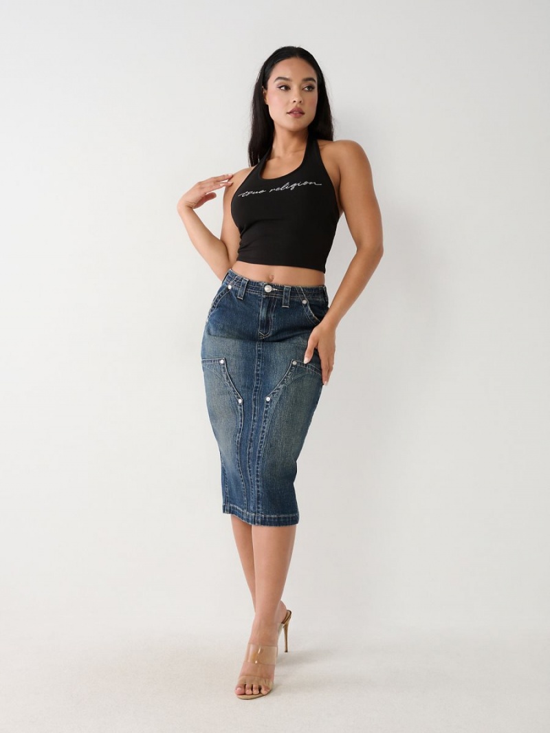 Falda True Religion Utility Midi Denim Azules Oscuro | 18BLUYPFJ