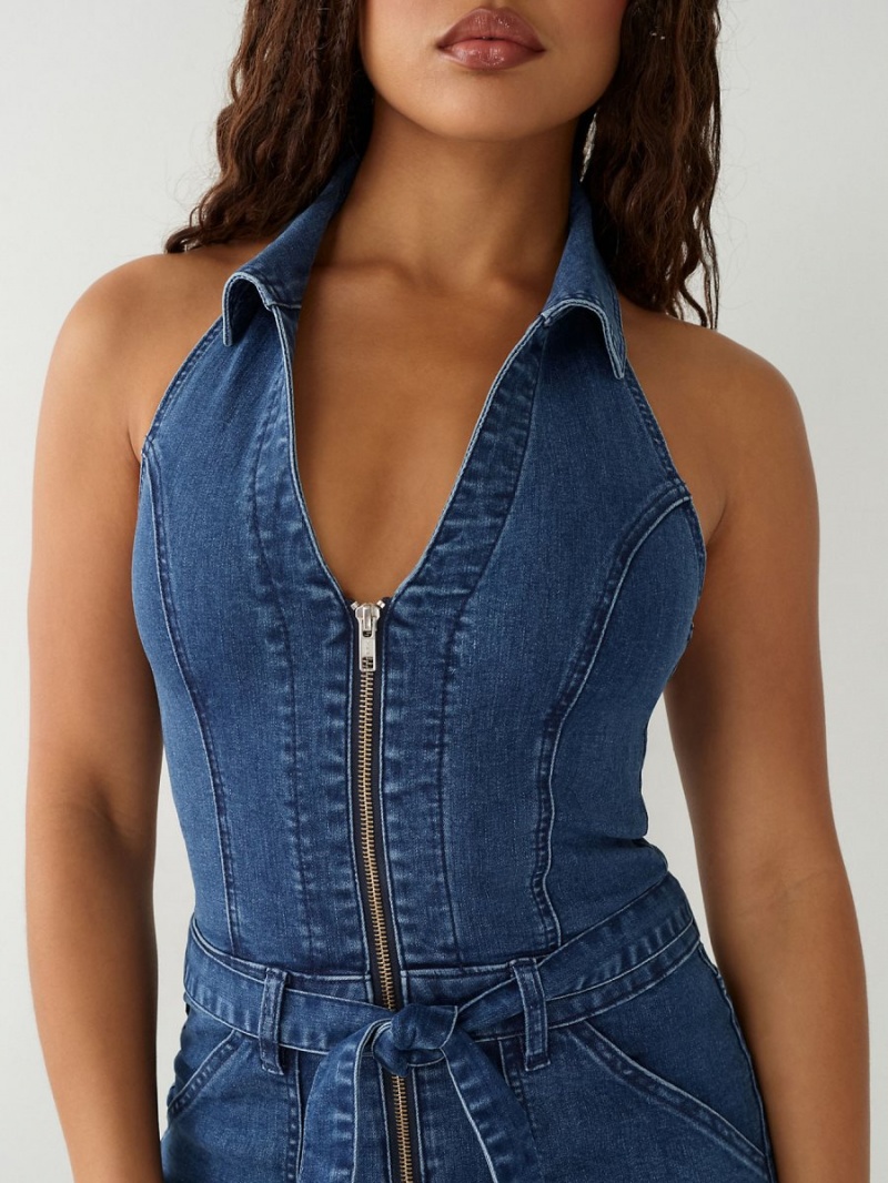 Jumpsuits True Religion Zip Denim Indigo Azules | 92FTWBNMQ