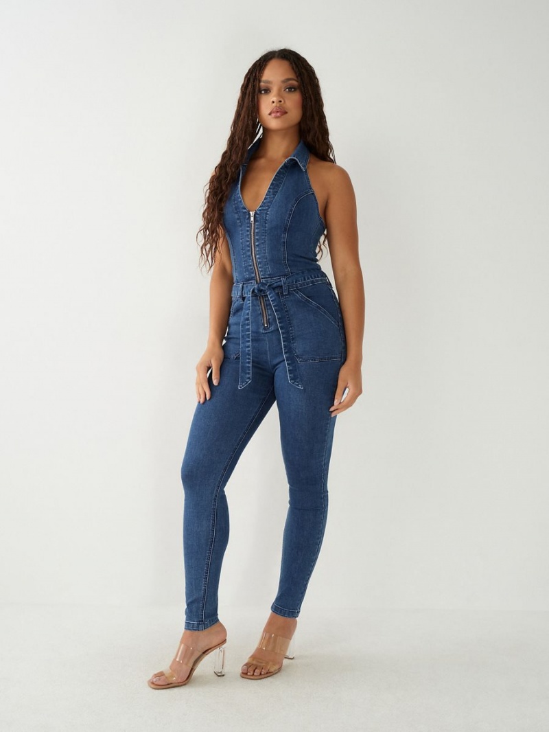 Jumpsuits True Religion Zip Denim Indigo Azules | 92FTWBNMQ