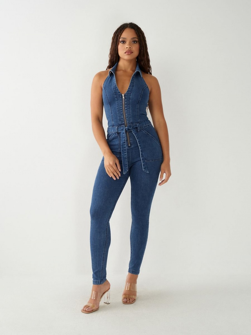 Jumpsuits True Religion Zip Denim Indigo Azules | 92FTWBNMQ