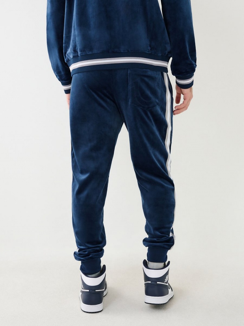 Pantalon True Religion Velour Logo Varsity Stripe Pista Navy/Sapphire | 65BLCXQWN