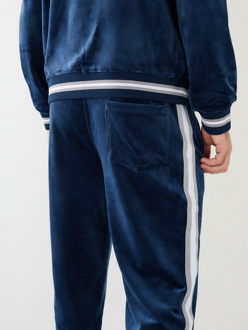 Pantalones Jogger True Religion Velour Logo Varsity Stripe Pista Navy/Sapphire | 65BOZQXLY