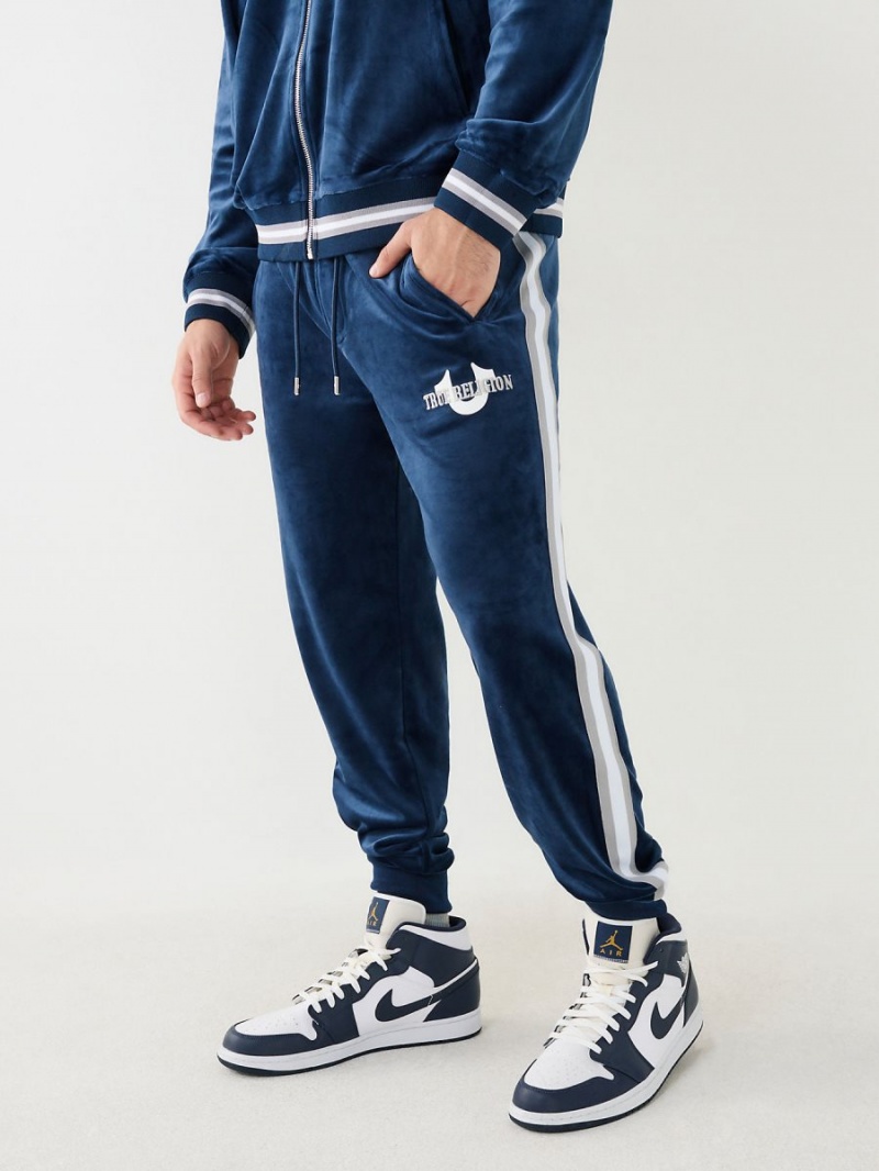 Pantalones Jogger True Religion Velour Logo Varsity Stripe Pista Navy/Sapphire | 65BOZQXLY