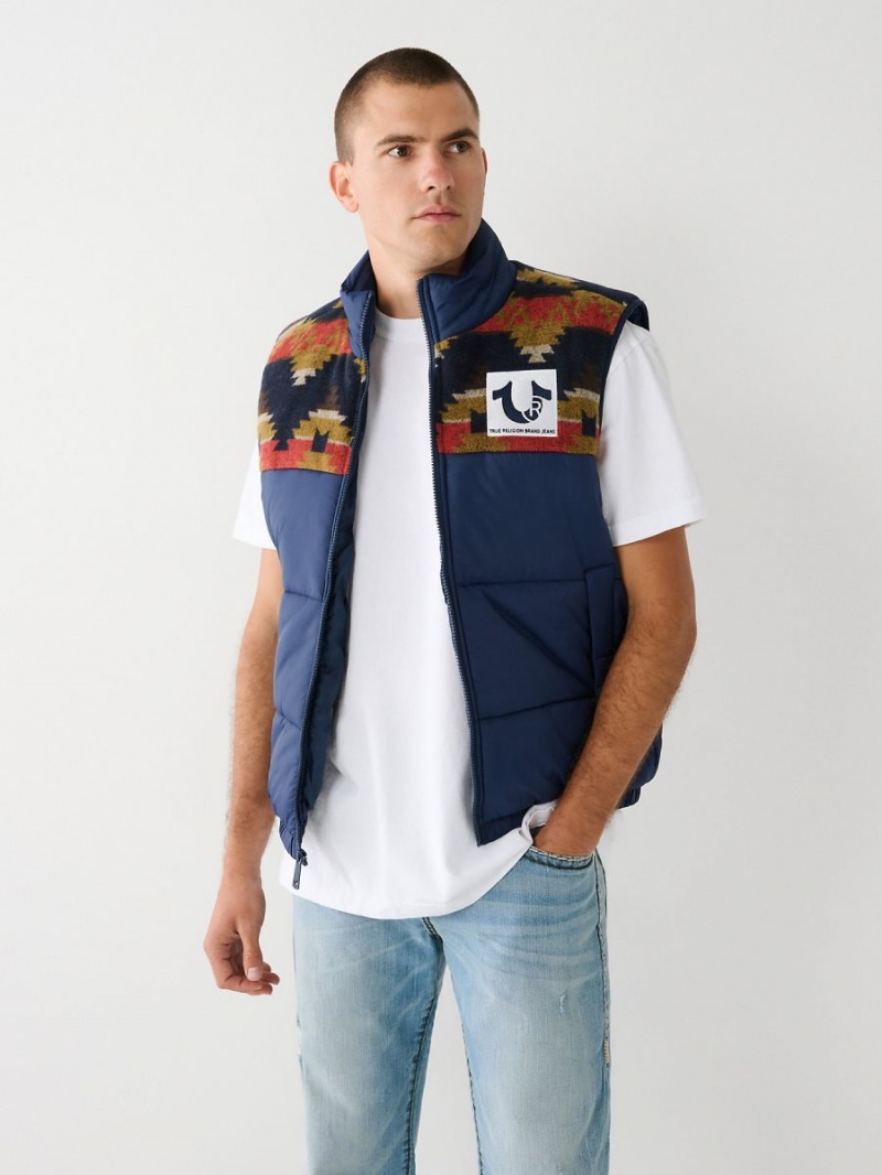 Ropa De Abrigo True Religion Southwestern Puffer Vest Navy/Sapphire | 50BCUFISQ