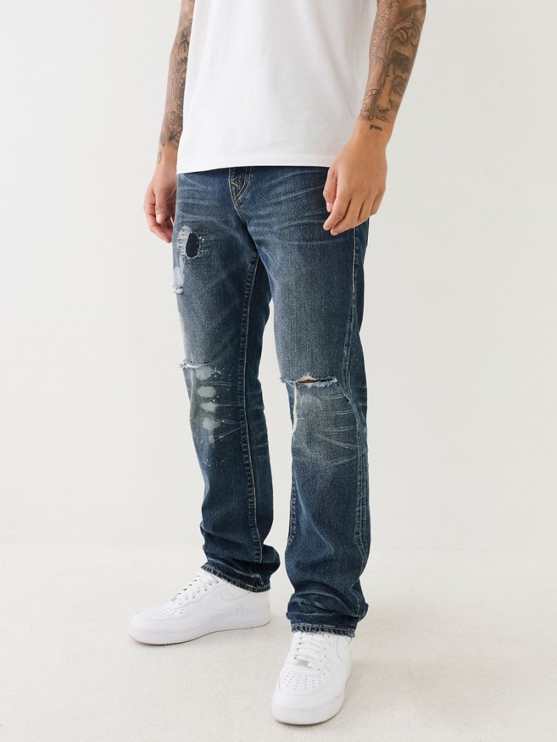 Straight Jeans True Religion Ricky Distressed Flap Azules Oscuro | 74POXKCZG