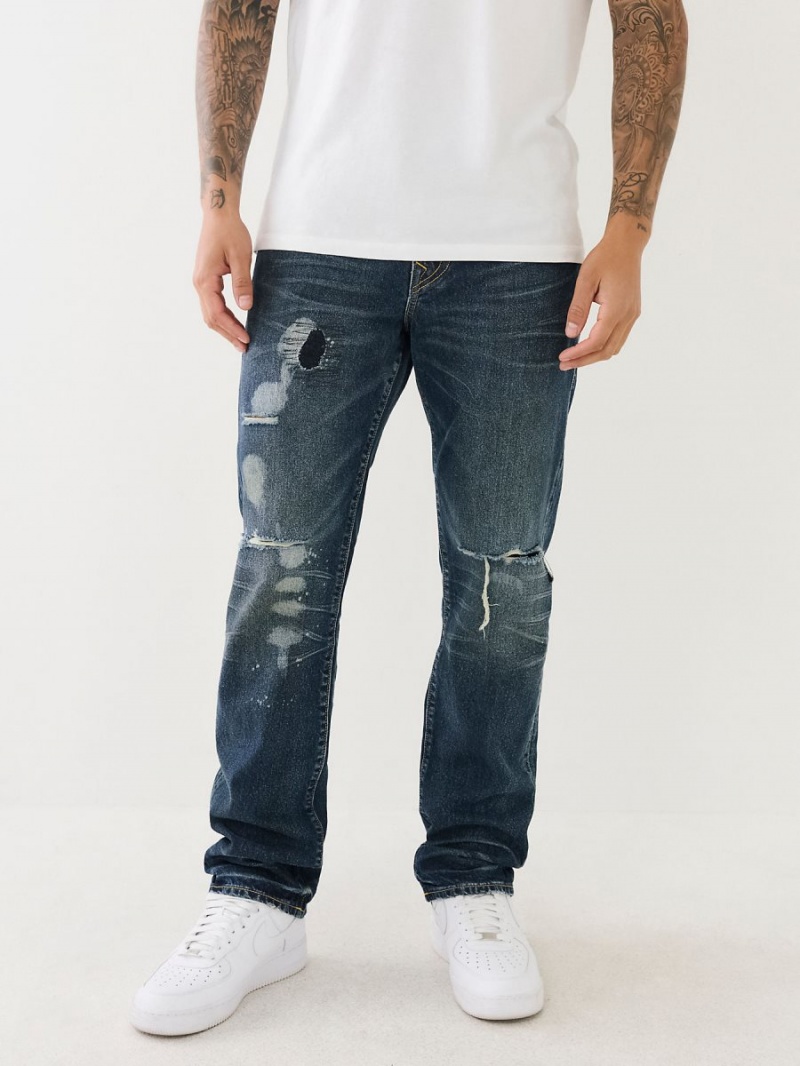 Straight Jeans True Religion Ricky Distressed Flap Azules Oscuro | 74POXKCZG