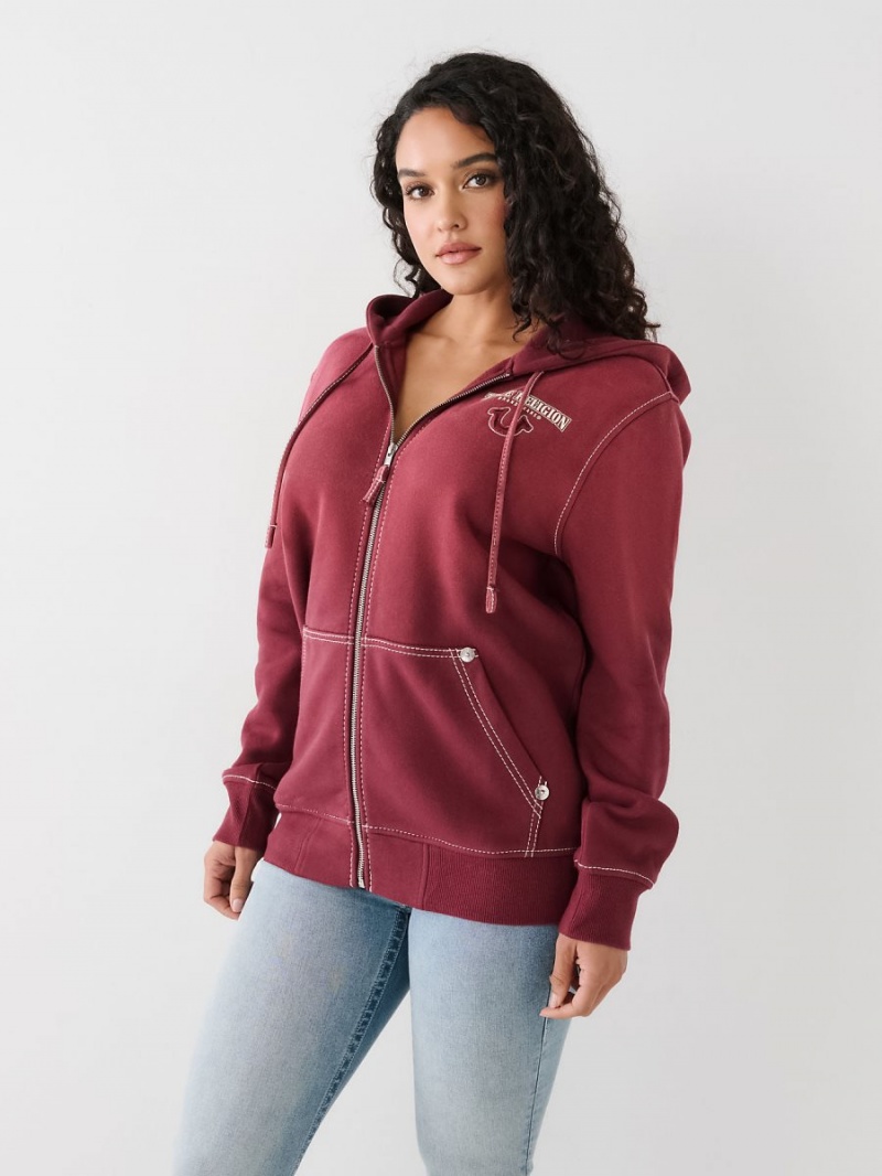 Sudadera con Capucha True Religion Big T Logo Zip Relaxed Burdeos | 31XWLNBVR