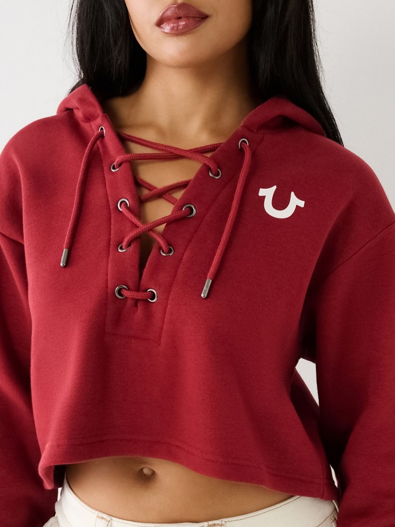 Sudadera con Capucha True Religion Encaje Up Logo Crop Rojas | 87PEJXOKL