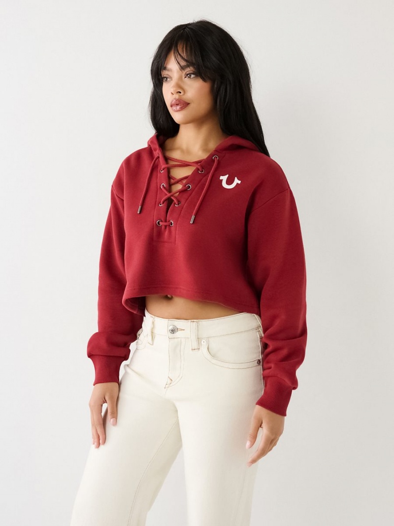 Sudadera con Capucha True Religion Encaje Up Logo Crop Rojas | 87PEJXOKL