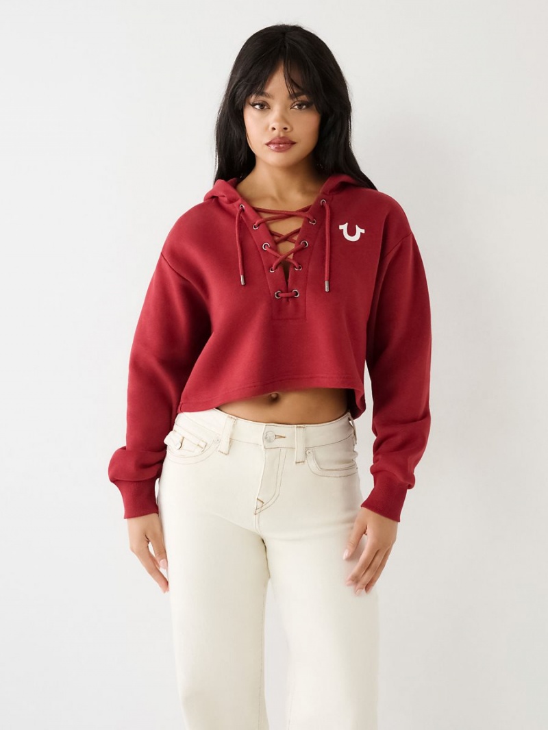 Sudadera con Capucha True Religion Encaje Up Logo Crop Rojas | 87PEJXOKL