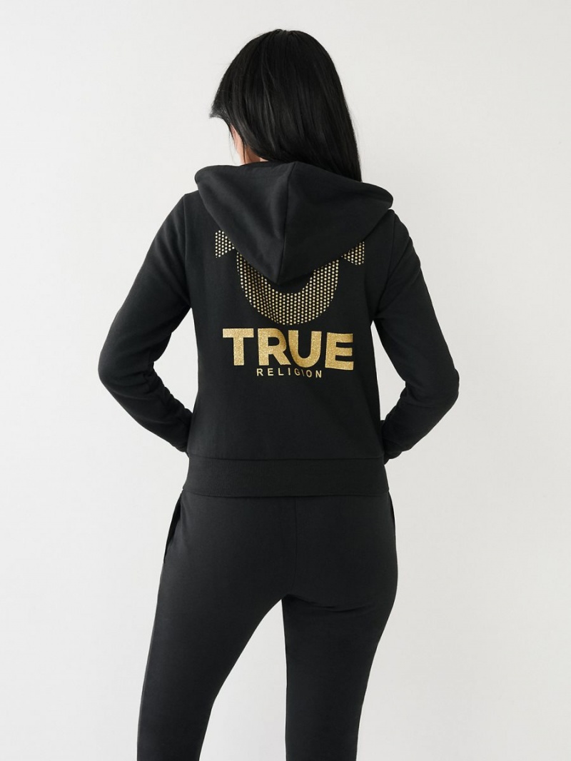 Sudadera con Capucha True Religion Glitter Horseshoe Logo Zip Negras | 50EUTCNJR