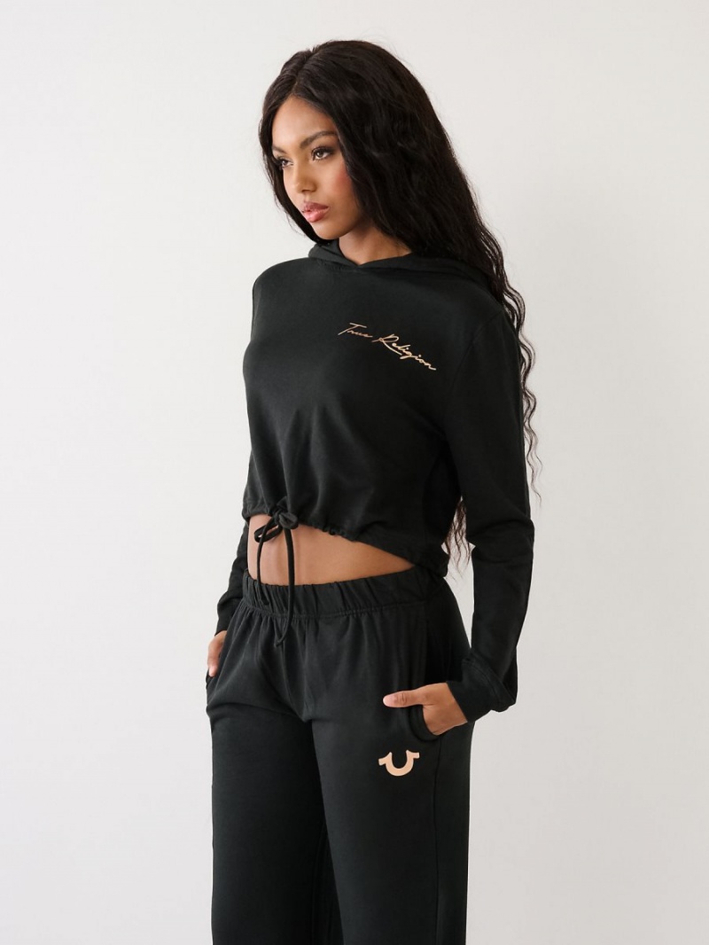 Sudadera con Capucha True Religion Logo Crop Negras | 20LQMVAOB