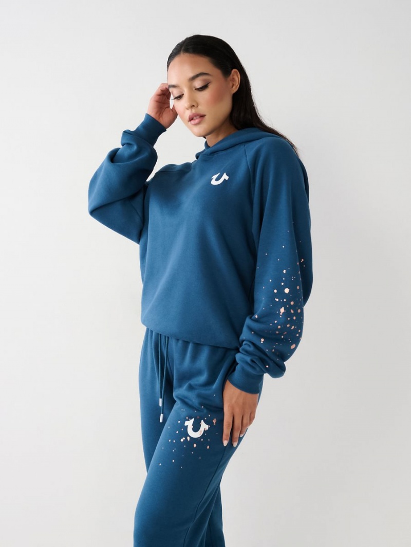 Sudadera con Capucha True Religion Splatter Paint Logo Relaxed Azules | 80MPNIJKD