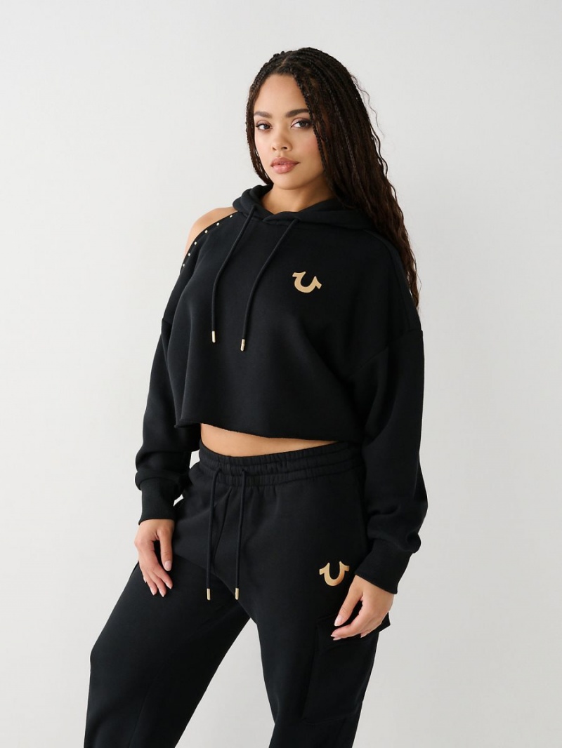 Sudadera con Capucha True Religion Studded Off Shoulder Crop Negras | 63KQJCWID