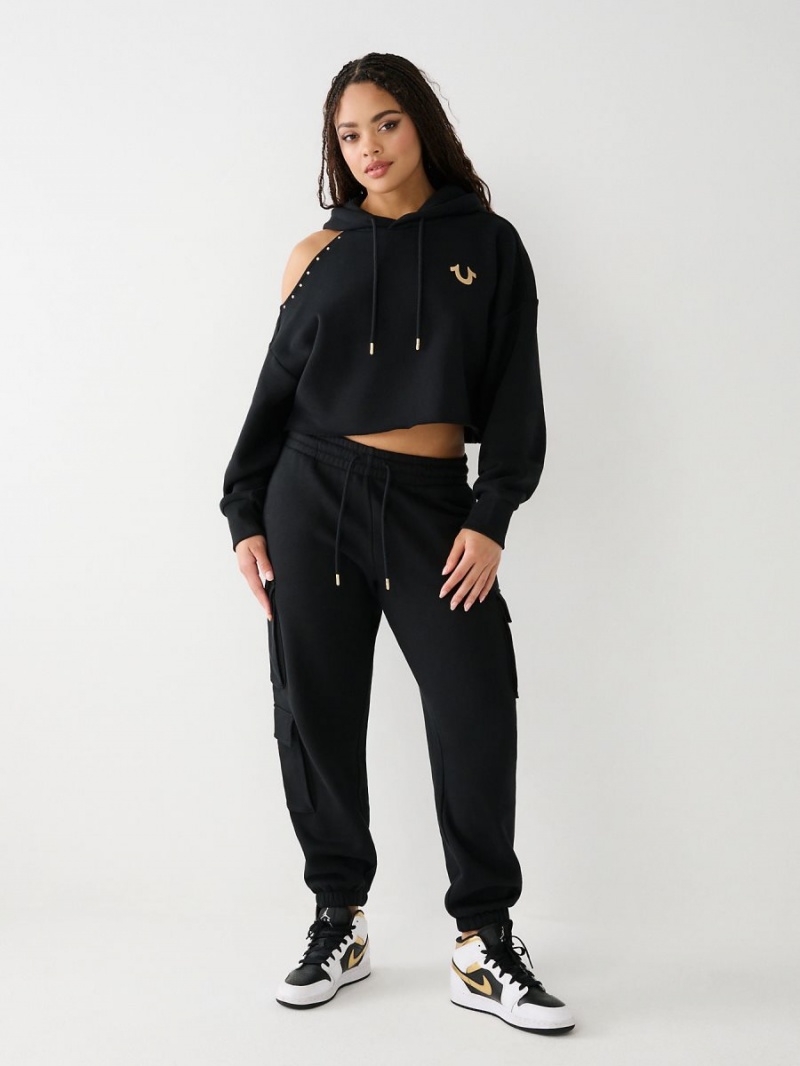 Sudadera con Capucha True Religion Studded Off Shoulder Crop Negras | 63KQJCWID