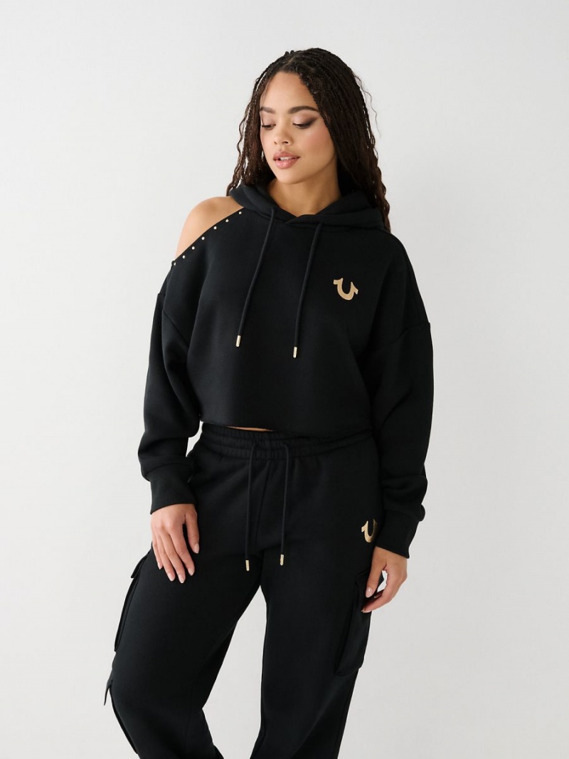 Sudadera con Capucha True Religion Studded Off Shoulder Crop Negras | 63KQJCWID