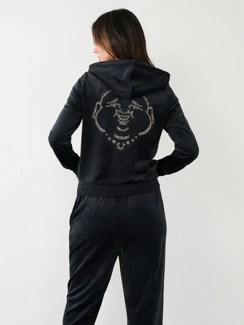 Sudadera con Capucha True Religion Velour Zip Negras | 84NPLZSOA