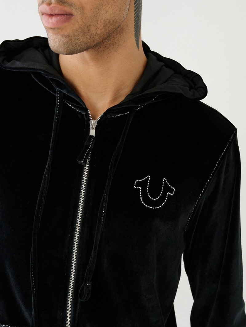 Sudadera con Capucha True Religion Velour Big T Zip Negras | 34RGCVXIK