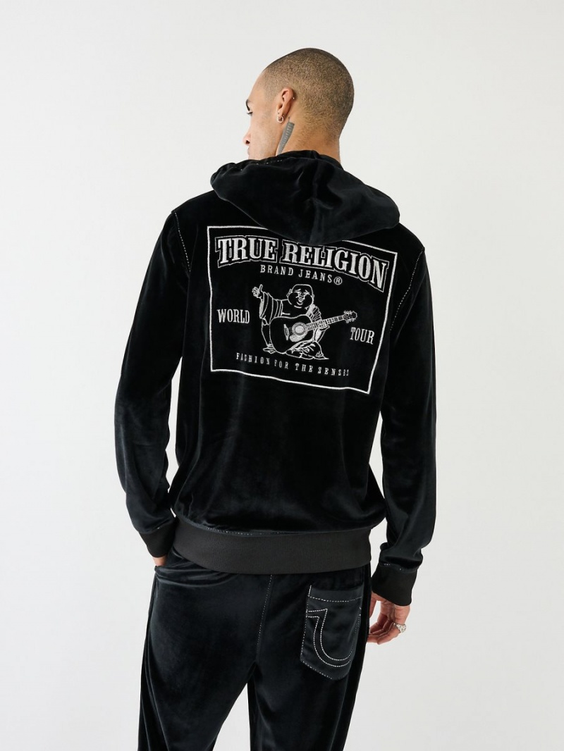 Sudadera con Capucha True Religion Velour Big T Zip Negras | 34RGCVXIK