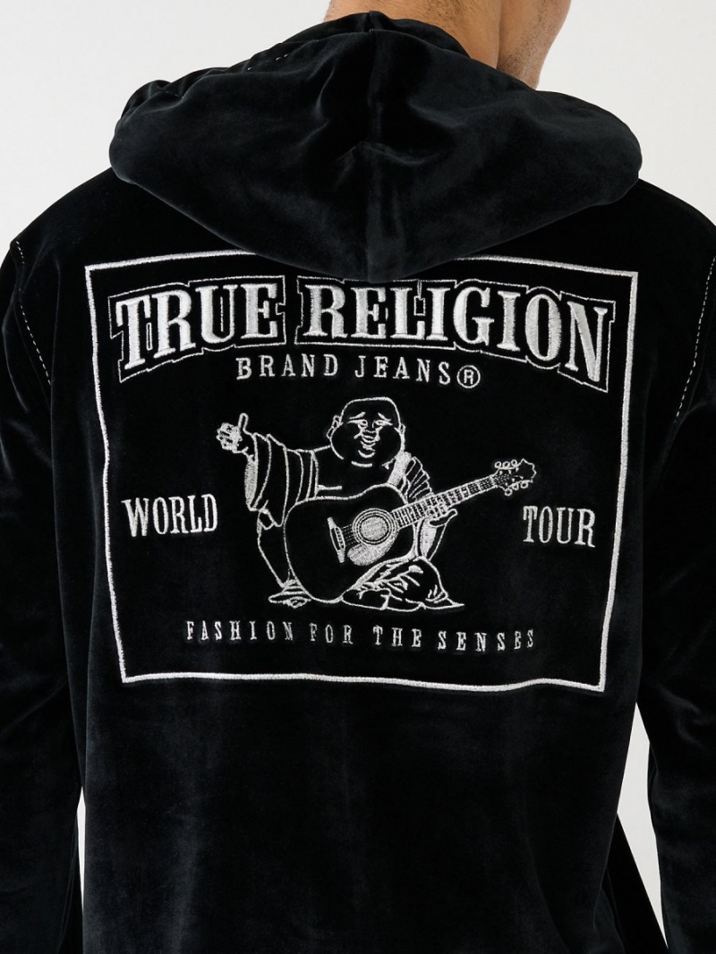 Sudadera con Capucha True Religion Velour Big T Zip Negras | 34RGCVXIK