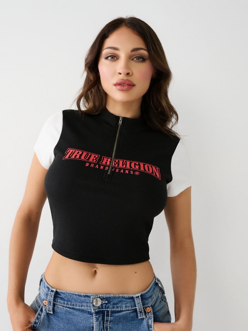 Tops True Religion Half Zip Crop Negras | 20WZHJFVB