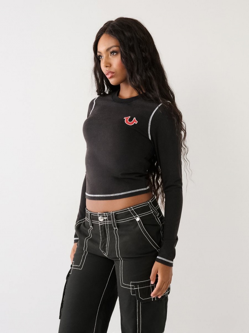 Tops True Religion Long Sleeve Logo Negras | 79NAOQKMD