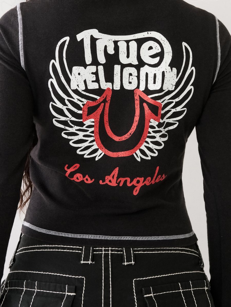 Tops True Religion Long Sleeve Logo Negras | 79NAOQKMD