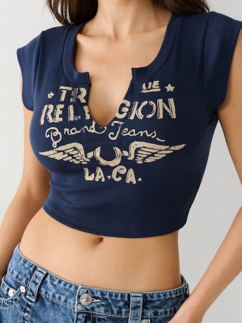 Tops True Religion Notch Crop Navy/Sapphire | 91CBJIHFZ