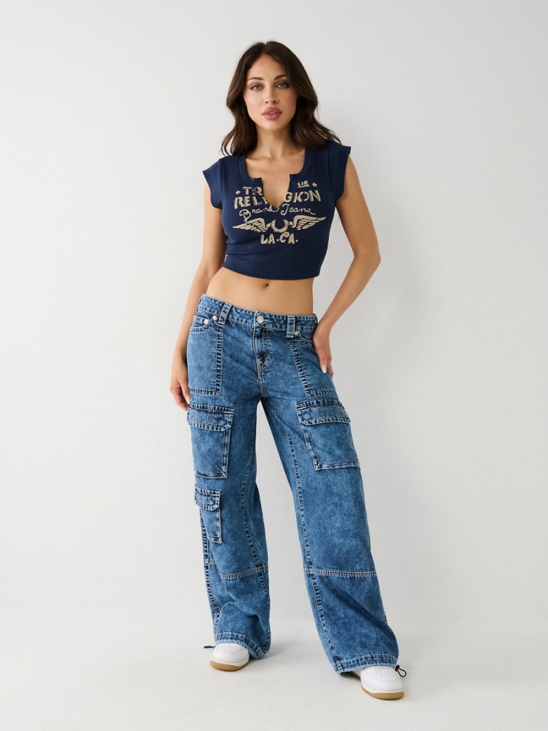 Tops True Religion Notch Crop Navy/Sapphire | 91CBJIHFZ