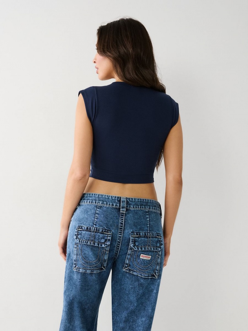 Tops True Religion Notch Crop Navy/Sapphire | 91CBJIHFZ