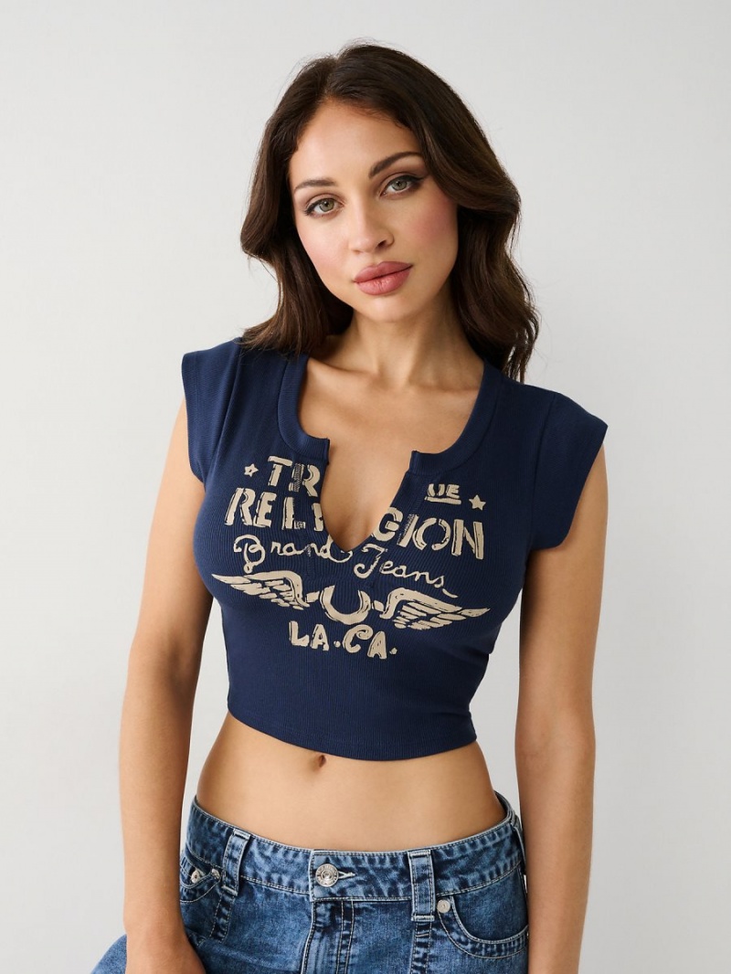 Tops True Religion Notch Crop Navy/Sapphire | 91CBJIHFZ